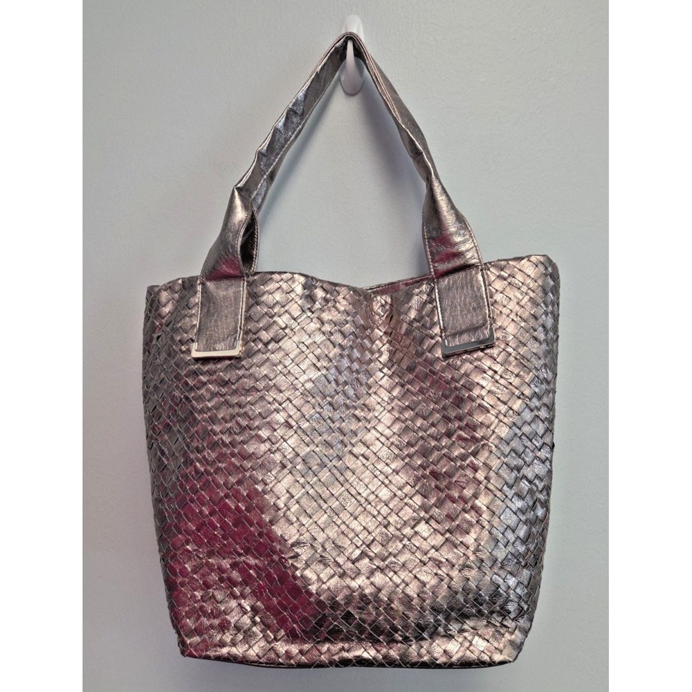 Elliott Lucca Metallic Leather‎ Woven Handbag Tote Purse Champagne Pewter Logo